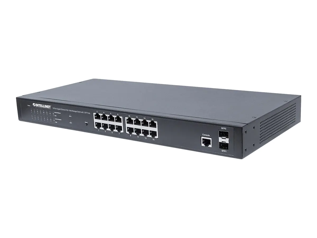 Intellinet 16-Port Gigabit Ethernet PoE+ Web-Managed Switch with 2 SFP Ports, IEEE 802.3at/af Power over Ethernet (PoE+/PoE) Compliant, 374 W, Endspan, 19" Rackmount - Switch - managed - 16 x 10/100/1000 (PoE+) + 2 x Gigabit SFP - Desktop, an Rack montier