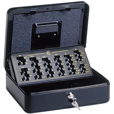 MAUL Geldkassette 24,5 x 9,3 x 30 cm (B x H x T) 4 Fächer für Banknoten 8 Fächer für Hartgeld mit Schloss Stahl schwarz