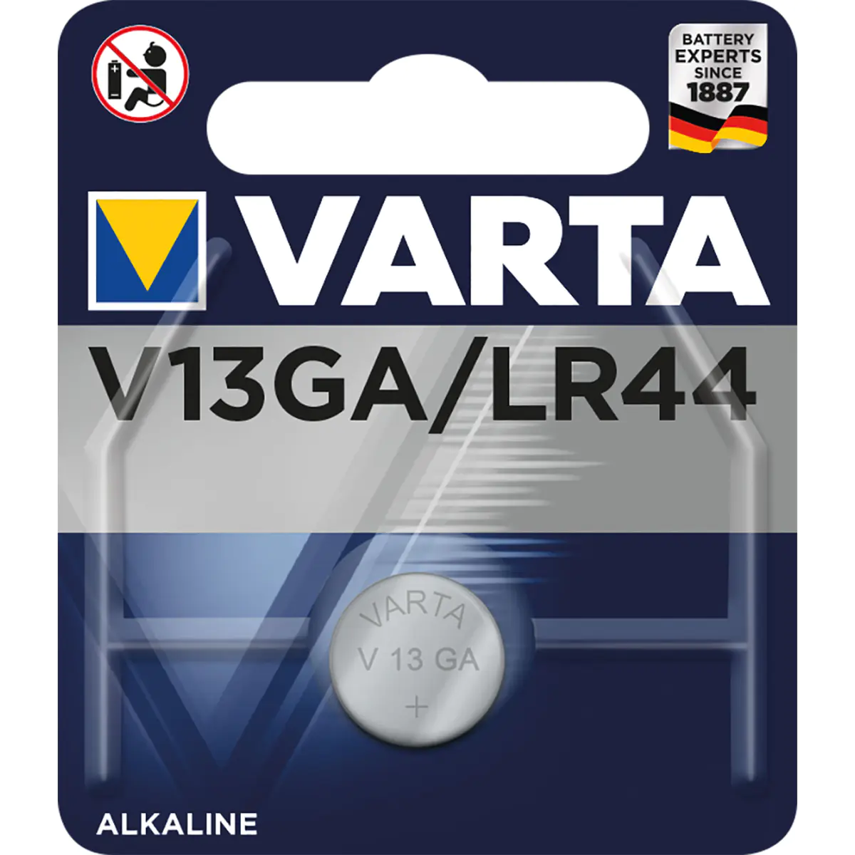 Varta Batterien V13GA/LR44 Knopfzelle, 1 Stück, Alkaline Special, 1,5V, kindersichere Verpackung, für Spielsachen, Taschenrechner, Messgeräte, Einwegbatterie, LR44, Alkali, 1,5 V, 1 Stück(e), Silber 4276101401