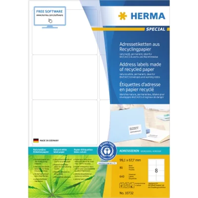HERMA Universaletikett Recycling 99,1 x 67,7 mm (B x H) nicht wieder ablösbar Papier, 100 % recycelt naturweiß 640 Etik./Pack.