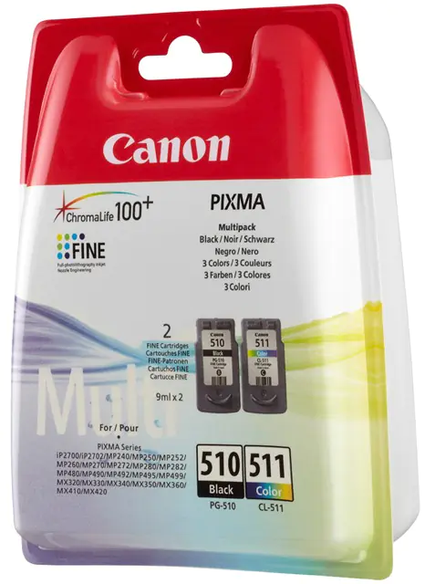 Canon PG-510 / CL-511 Multi pack - 2er-Pack - Schwarz, Farbe (Cyan, Magenta, Gelb) - Original - Tintenpatrone - für PIXMA MP230, MP237, MP252, MP258, MP270, MP280, MP282, MP499, MX350, MX360, MX410, MX420