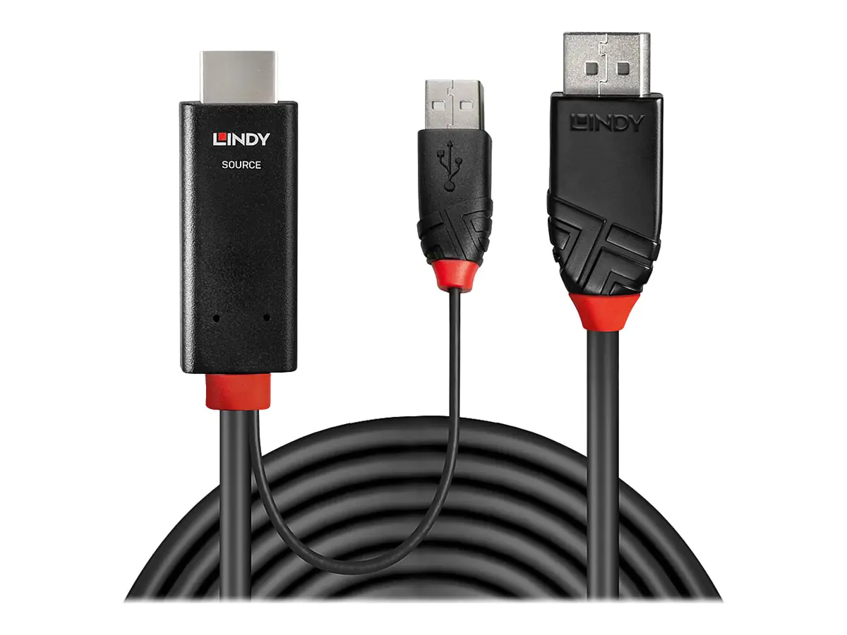 Lindy - Adapterkabel - HDMI, USB (nur Strom) männlich zu DisplayPort männlich - 1 m - abgeschirmt - Schwarz - rund, aktiv, Support von 4K 60 Hz