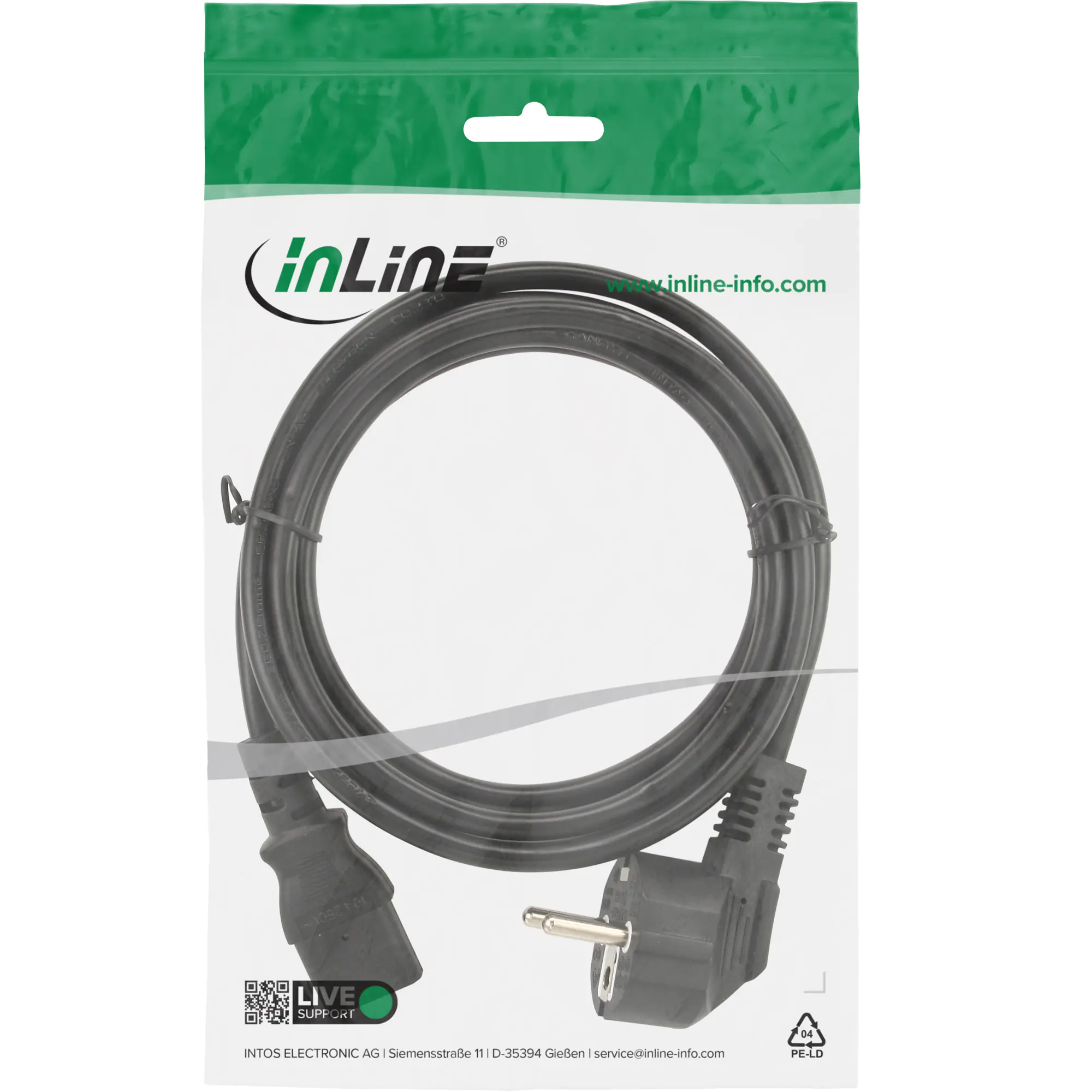 InLine - Stromkabel - CEE 7/7 (M) zu IEC 60320 C13 - Wechselstrom 250 V - 1.8 m - 90° Stecker - Schwarz