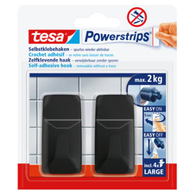 tesa® Haken Powerstrips® Large Fliesen, Glas, Holz, Kunststoff 2kg schwarz 2 St./Pack.
