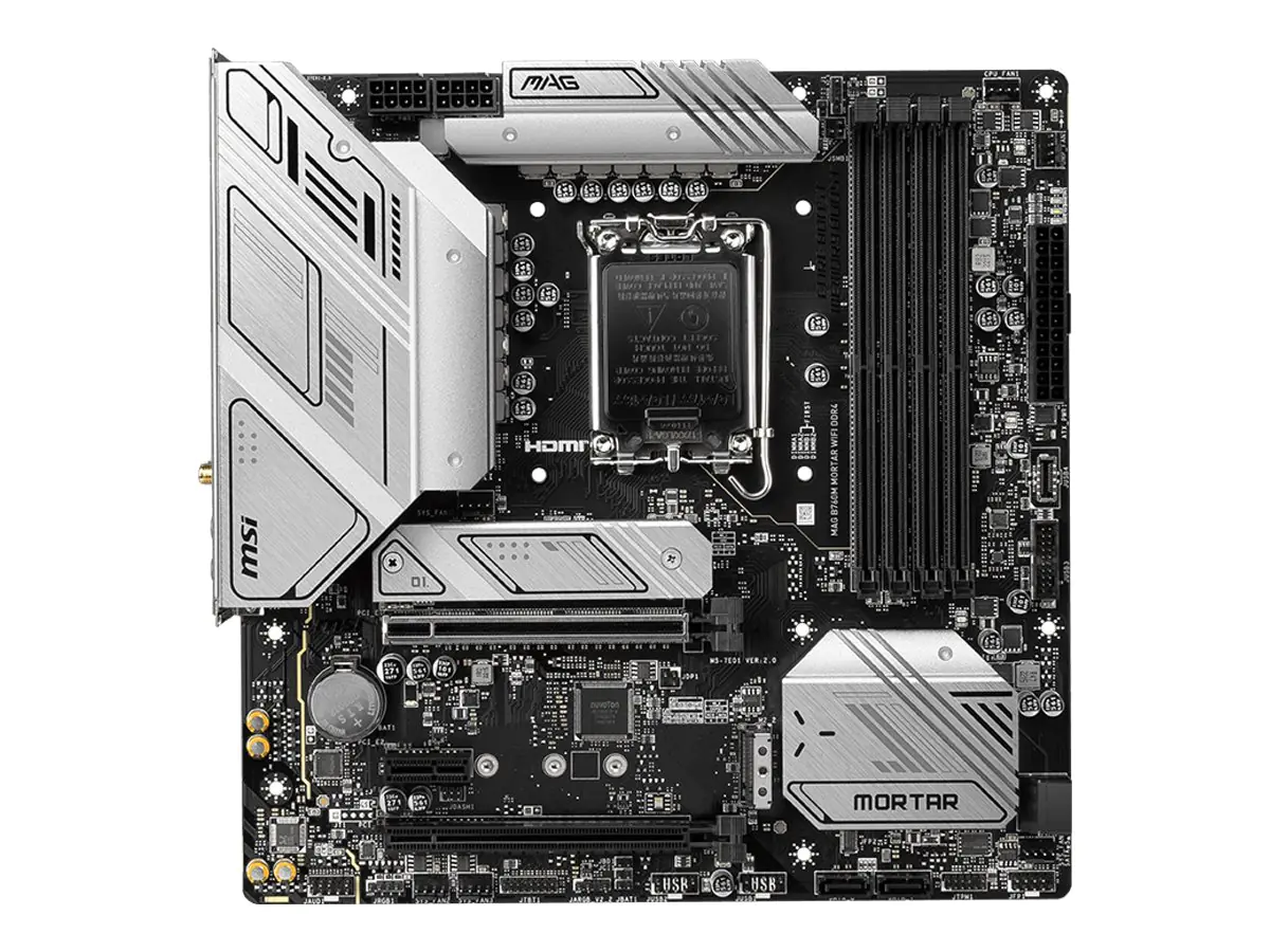 MSI MAG B760M MORTAR WIFI DDR4 - Motherboard - micro ATX - LGA1700-Sockel - B760 Chipsatz - USB 3.2 Gen 1, USB 3.2 Gen 2, USB-C 3.2 Gen2, USB-C 3.2 Gen 2x2 - 2.5 Gigabit LAN, Bluetooth, Wi-Fi - Onboard-Grafik (CPU erforderlich) - HD Audio (8-Kanal)