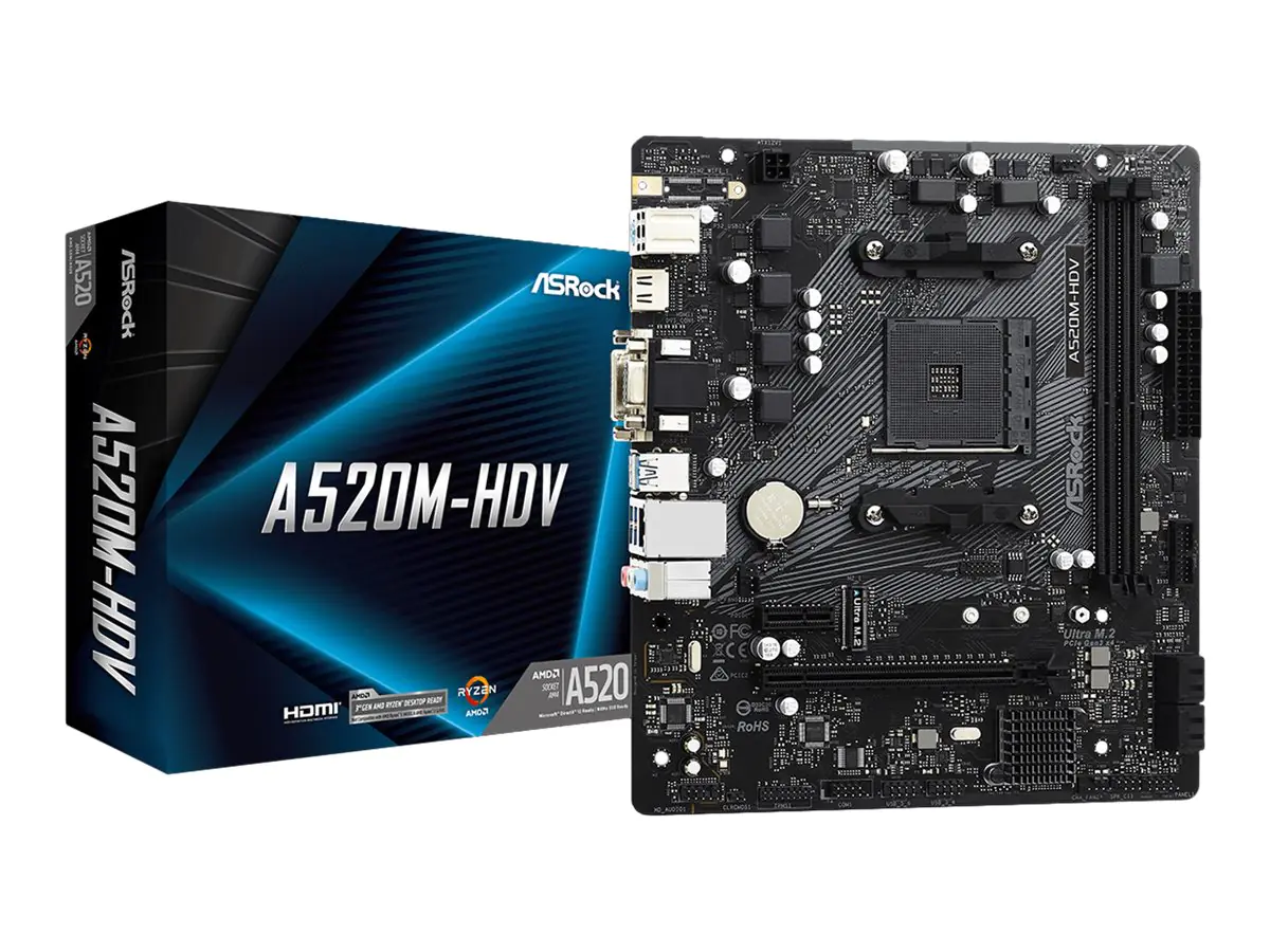 ASRock A520M-HDV - Motherboard - micro ATX - Socket AM4 - AMD A520 Chipsatz - USB 3.2 Gen 1 - Gigabit LAN - Onboard-Grafik (CPU erforderlich) - HD Audio (8-Kanal)