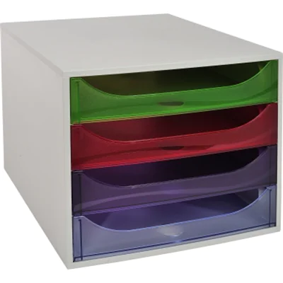 Exacompta Schubladenbox ECOBOX 4 Schubladen DIN A4, Überbreite Polystyrol Gehäusefarbe: grau Farbe der Schublade: mehrfarbig transluzent