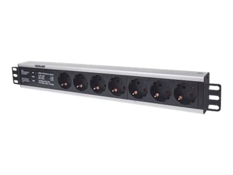 Intellinet 19" 7-fach Steckdosenleiste, Schutzkontakt, Überspannungsschutz, 3 m Stromkabel, 1,5 HE - Steckdosenleiste (Rack - einbaufähig) - Wechselstrom 250 V - Eingabe, Eingang CEE 7/4 - Ausgangsanschlüsse: 7 (CEE 7/3) - 1.5U - 48.3 cm (19") - 3 m