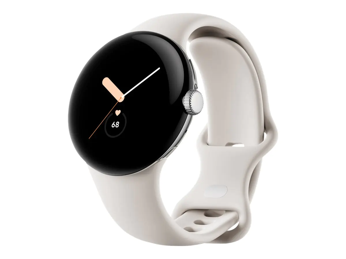 Google Pixel Watch - Silber poliert - intelligente Uhr mit Band - Flouroelastomer - chalk - Bandgröße: L - 32 GB - Wi-Fi, NFC, Bluetooth - 36 g