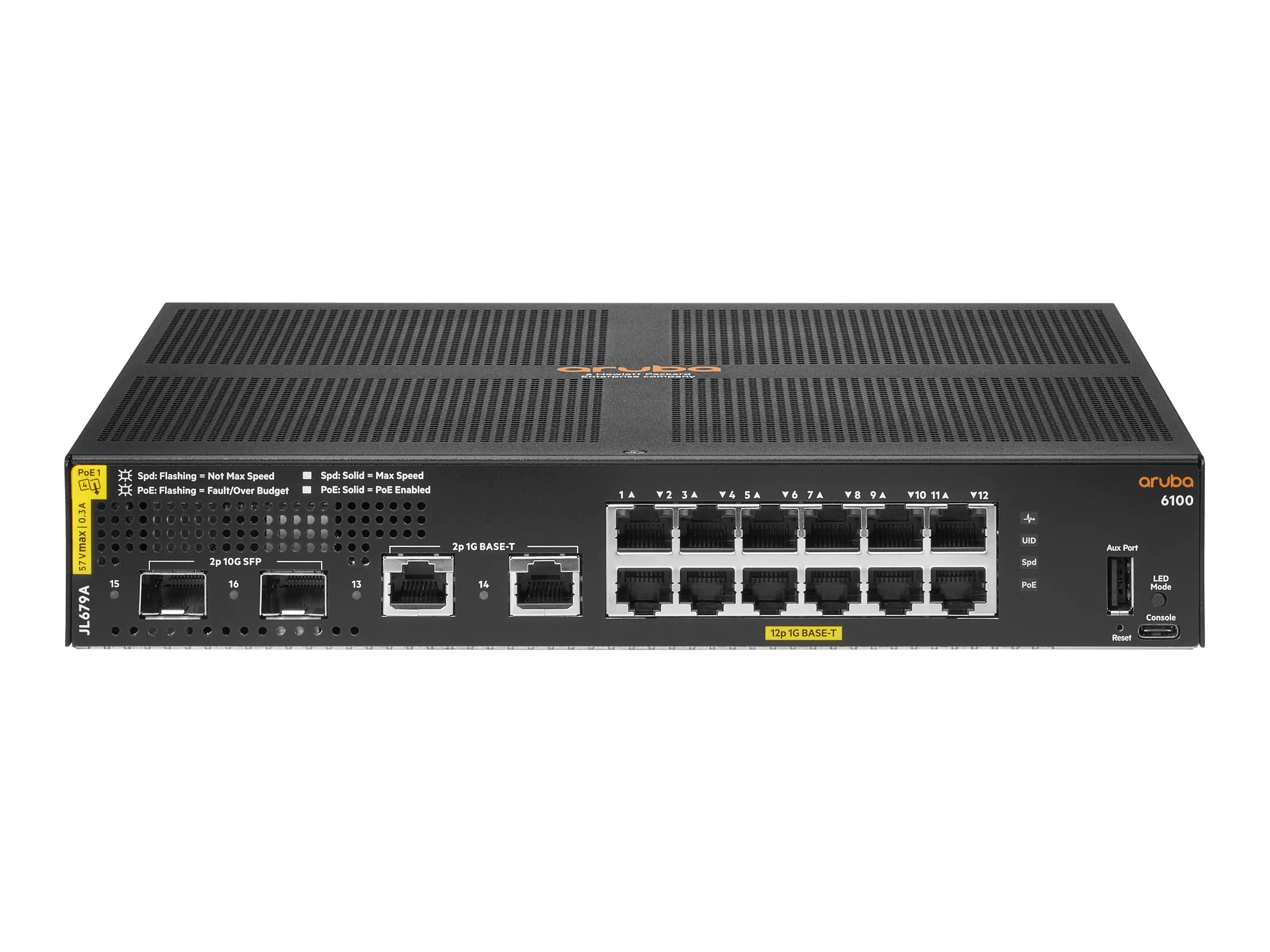 HPE Aruba 6100 12G Class4 PoE 2G/2SFP+ 139W Switch - Switch - managed - 12 x 10/100/1000 (PoE+) + 2 x 1 Gigabit / 10 Gigabit SFP+ + 2 x 1000Base-T - an Rack montierbar - PoE+ (139 W)