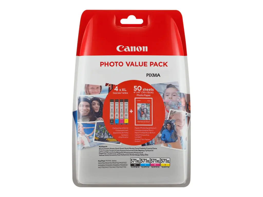 Canon CLI-571 XL C/M/Y/BK Photo Value Pack - 4er-Pack - 11 ml - Schwarz, Gelb, Cyan, Magenta - Original - Tintenbehälter- / Papierpaket - für PIXMA TS5051, TS5053, TS5055, TS6050, TS6051, TS6052, TS8051, TS8052, TS9050, TS9055