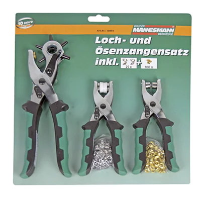 BRÜDER MANNESMANN WERKZEUGE Zangen-Set Lochzange 3 Teile 2 x Ösenzange, 125 Ösen grün/schwarz