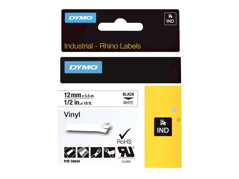 DYMO IND All-Purpose - Vinyl - Klebstoff - Schwarz auf Weiß - Rolle (1,2 cm x 5 m) 1 Kassette(n) Etikettenband - für LabelMANAGER 210, 280, 360, 420, PnP; Rhino 4200, 5200; RhinoPRO 6000