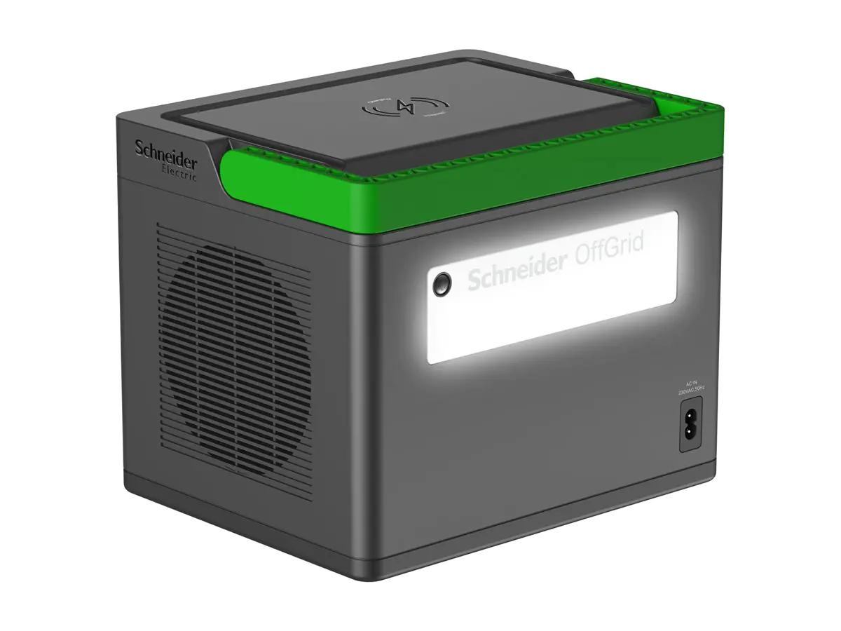 Schneider OffGrid 730 - Tragbares kraftwerk - LCD, Lithium-Ionen, 2 CEE 7/3 Schuko-Steckdosen, Sinuswelle, 3 USB-A, 1 USB-C, kabelloses Laden - AC 195 - 265 / DC 12 -30 V - 700 Watt - Lithium-Ionen - 738 Wh - Ausgangsanschlüsse: 2 - Schwarz, grün