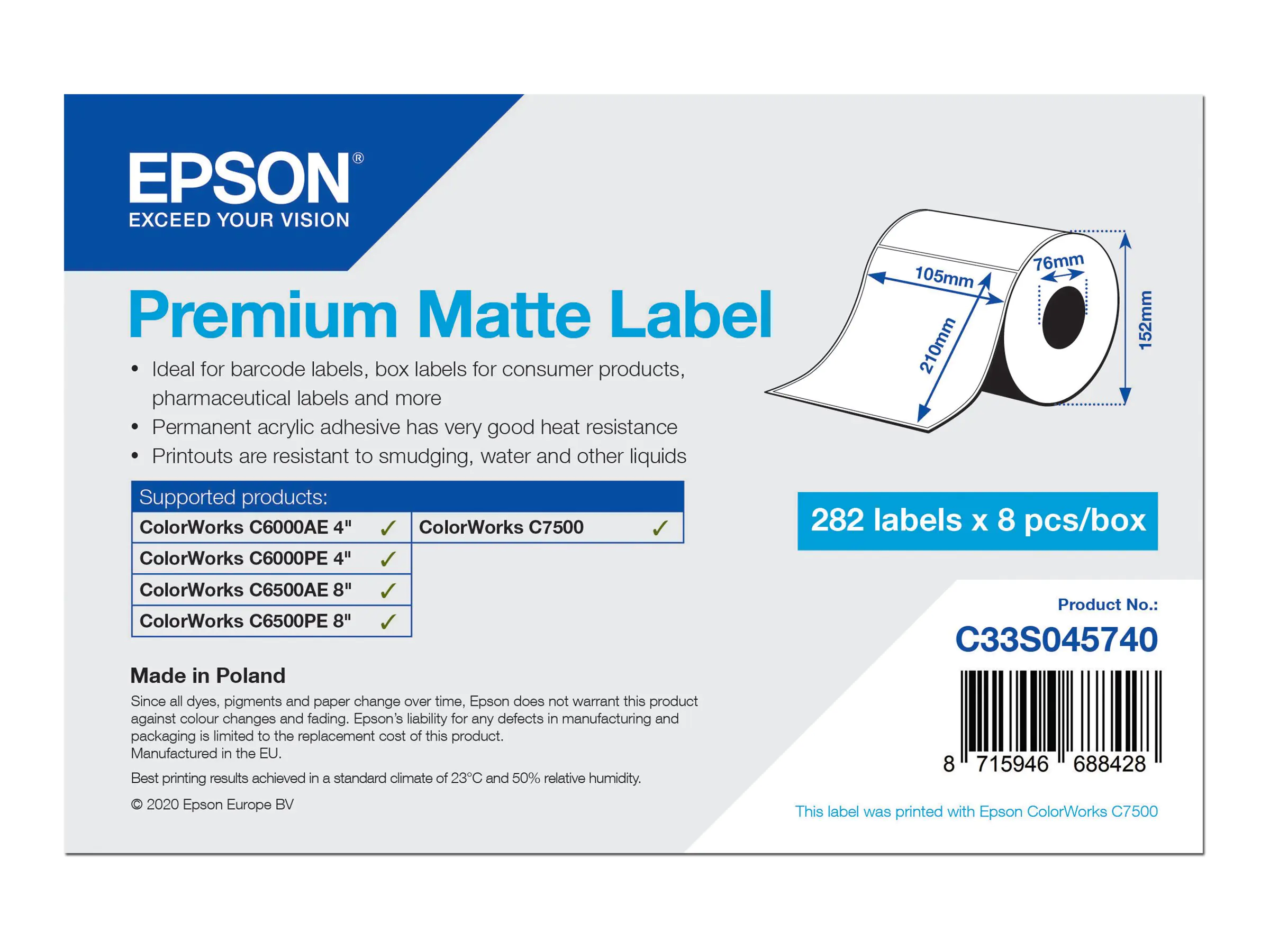 Epson Premium - Matt - permanenter Acrylklebstoff - hochweiß - 105 x 210 mm 2256 Etikett(en) (8 Roll