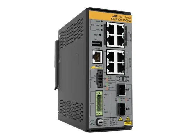 Allied Telesis AT IE220-10GHX - Switch - L2+ - managed - 8 x 10/100/1000Base-T + 2 x 1 Gigabit/10 Gigabit SFP+ (Uplink) - an DIN-Schiene montierbar, wandmontierbar - PoE++ (240 W)