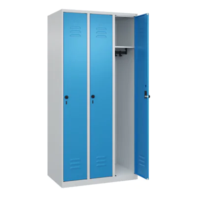 C+P Kleiderspind Classic PLUS 900 x 1.850 x 500 mm (B x H x T) 3 Abteile Stahl Farbe der Front: lichtblau Farbe des Korpus: lichtgrau