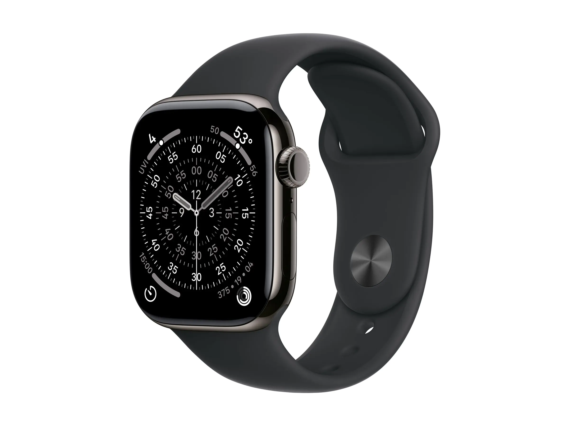 Apple Watch Series 11 (GPS + Cellular) - 42 mm - Schiefertitan - intelligente Uhr mit Sportband - Flouroelastomer - schwarz - Bandgröße: S/M - 64 GB - LTE, Wi-Fi 4, UWB, Bluetooth - 5G - 34.6 g
