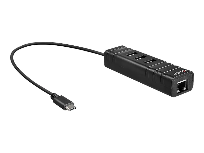 Lindy USB 3.2 Type C Hub & Gigabit Ethernet Converter - Netzwerk-/USB-Adapter - USB 3.2 Gen 1 - Gigabit Ethernet x 1 + USB 3.2 x 3 - Schwarz