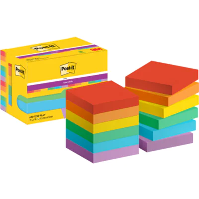 Post-it Haftnotiz Super Sticky Notes Playful Collection 47,6 x 47,6 mm (B x H) je 2 x ultrarot, vitalorange, ultragelb, limonengrün, paradiseblau, flieder 90 Bl./Block 12 Block/Pack.