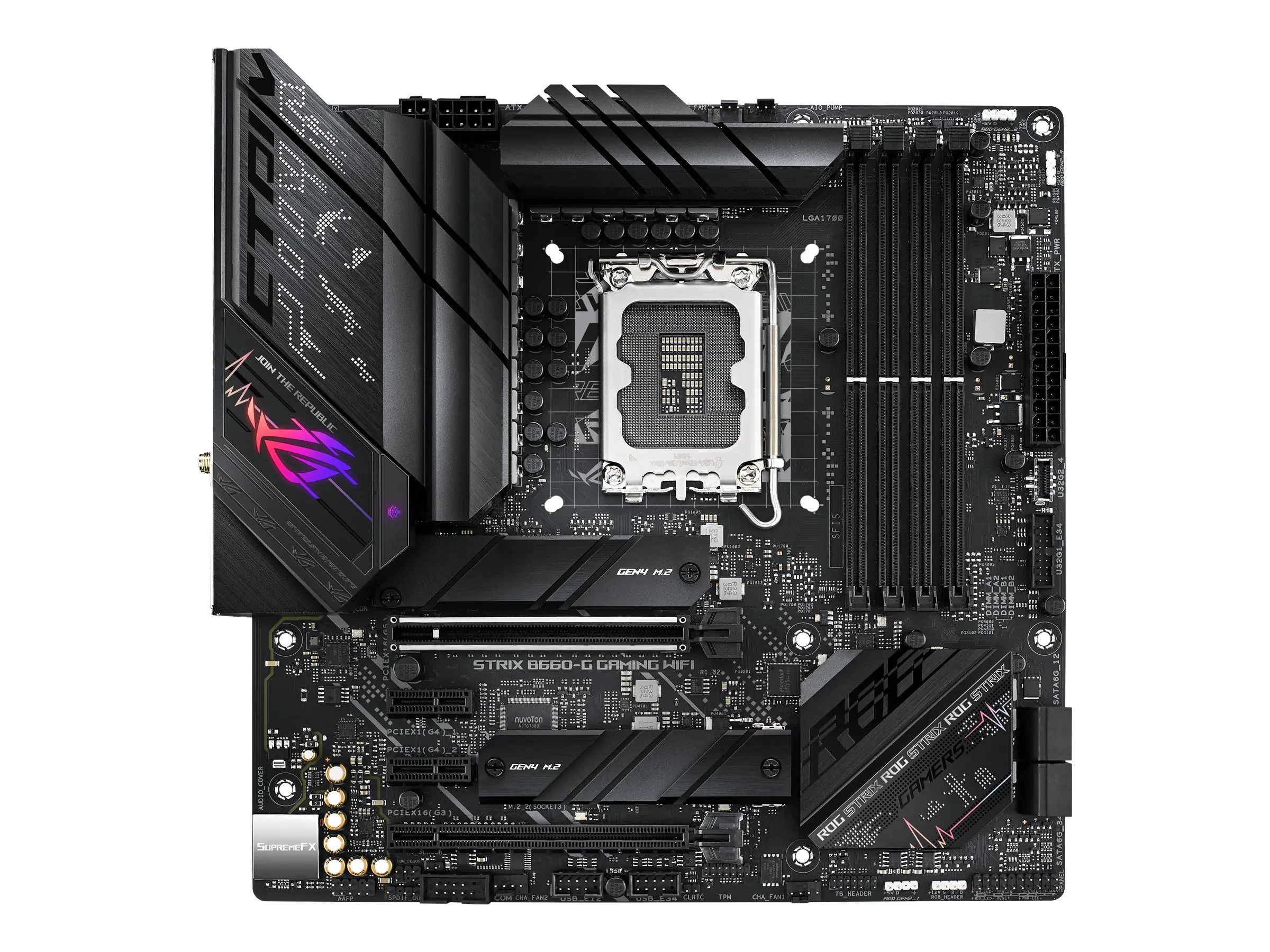 ASUS ROG STRIX B660-G GAMING WIFI - Motherboard - micro ATX - LGA1700-Sockel - B660 Chipsatz - USB 3.2 Gen 2, USB 3.2 Gen 1, USB-C Gen1, USB-C Gen 2x2, USB-C Gen2 - 2.5 Gigabit LAN, Wi-Fi 6, Bluetooth - Onboard-Grafik (CPU erforderlich) - HD Audio (8-Kana