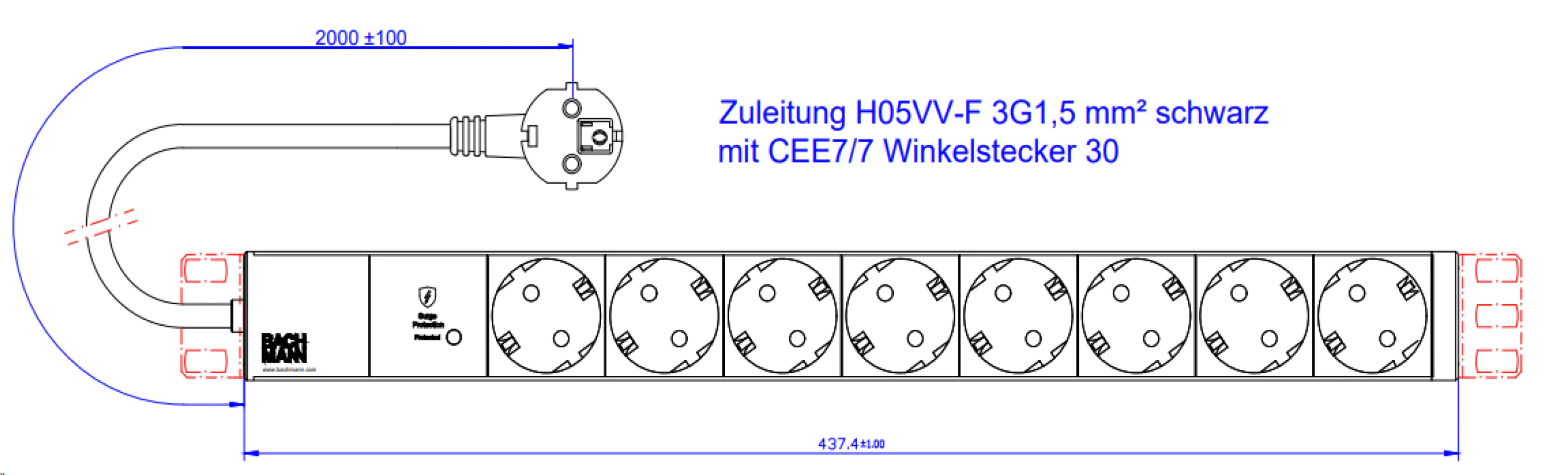 Bachmann 19" 1HE 8xCEE7/3 sw800.39361xSPD-Plus 2 0m CEE7/7"