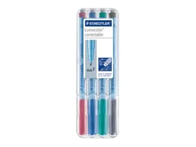 STAEDTLER Lumocolor correctable 305 - Marker - nicht dauerhaft - Schwarz, Rot, Blau, Grün - 0.6 mm - fein - mit Radierer (Packung mit 4) 305F WP4-1