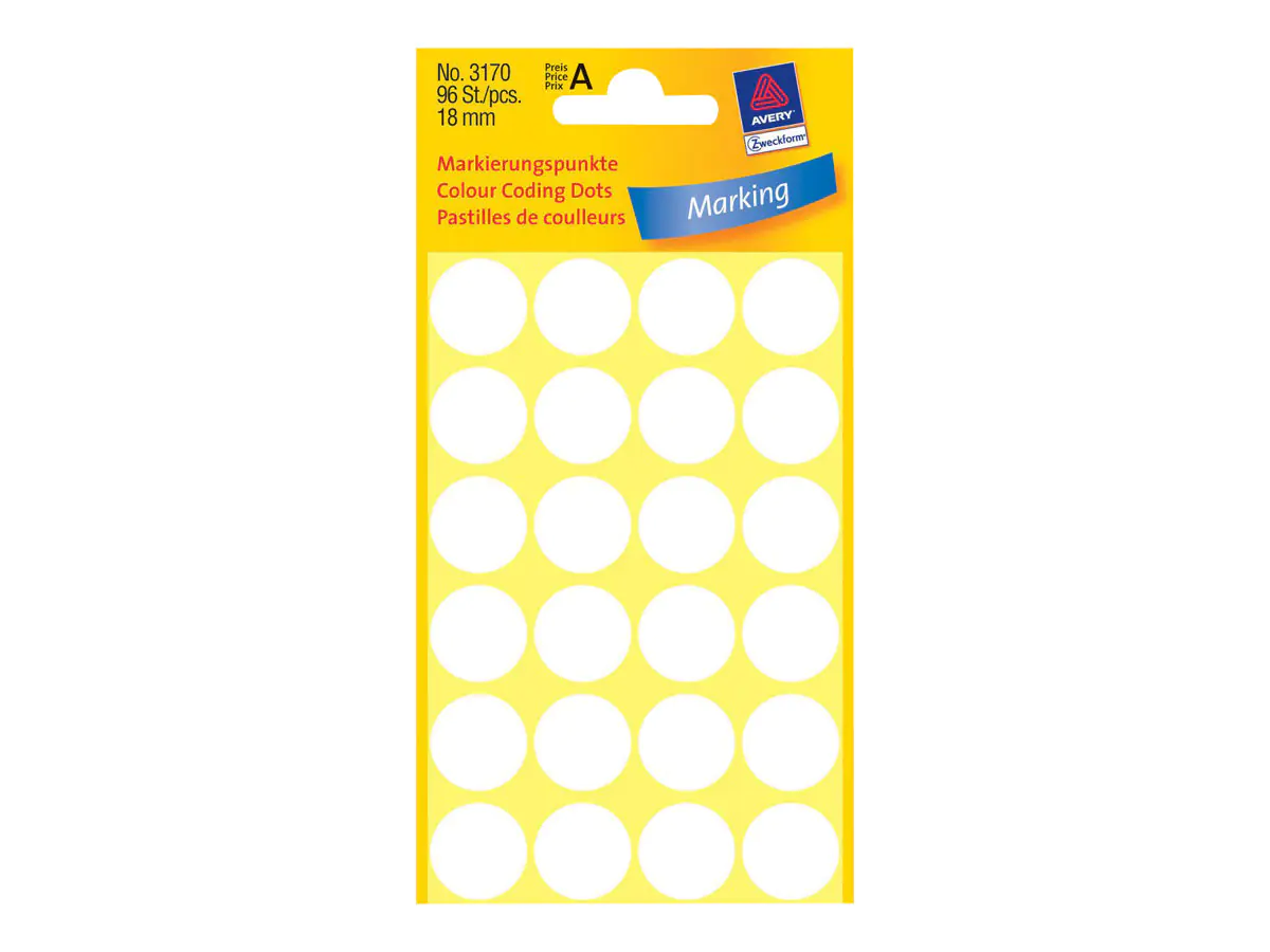 Avery Zweckform Farbkodierungspunkt - 1,8 cm Durchmesser - nicht magnetisch - weiß (Packung mit 96) 3170
