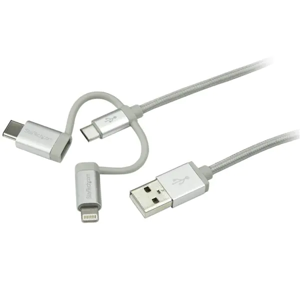 StarTech USB Lightning Kabel - USB-C Micro-B Laddekabel - 1m - geflochten - Silber - USB auf Lightning Kabel - USB zu USB C - USB-Kabel - USB (M) bis Micro-USB Typ B, Lightning, USB-C (M) - 1 m - Silber