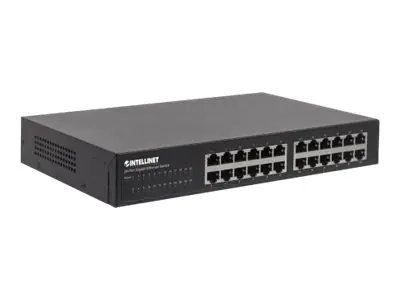 Intellinet 24-Port Gigabit Ethernet Switch, 24 x 10/100/1000 Mbit/s RJ45-Ports, IEEE 802.3az (Energy Efficient Ethernet), Desktop, 19" Rackmount, Metal - Switch - unmanaged - 24 x 10/100/1000 - Desktop, an Rack montierbar