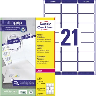 Avery Zweckform Adressetikett ultragrip 63,5 x 38,1 mm (B x H) Papier weiß 2.100 Etik./Pack.
