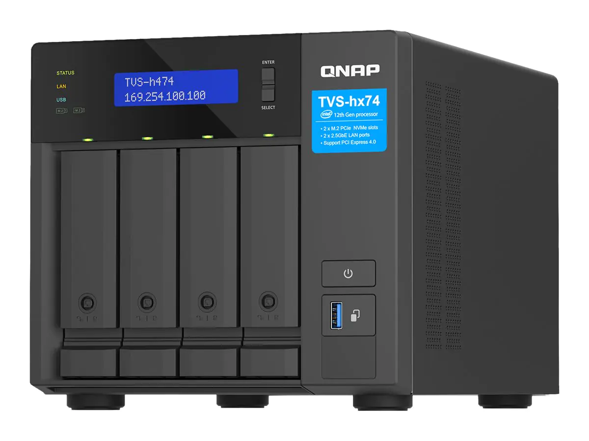 QNAP TVS-H474 - NAS-Server - 4 Schächte - SATA 6Gb/s - RAID JBOD, RAID 0, 1, 5, 6, 10, TM, RAID TP - RAM 8 GB - Gigabit Ethernet / 2.5 Gigabit Ethernet - iSCSI Support
