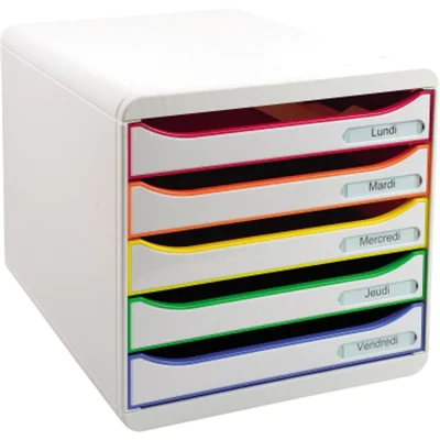 Exacompta Schubladenbox BIG-BOX plus 5 Schubladen DIN A4, Überbreite Polystyrol Gehäusefarbe: weiß Farbe der Schublade: weiß/harlekin