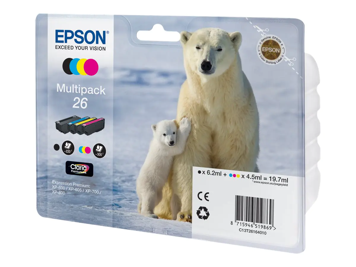Epson 26 Multipack - 4er-Pack - Schwarz, Gelb, Cyan, Magenta - Original - Tintenpatrone - für Expression Premium XP-510, 520, 600, 605, 610, 615, 620, 625, 700, 710, 720, 800, 810, 820