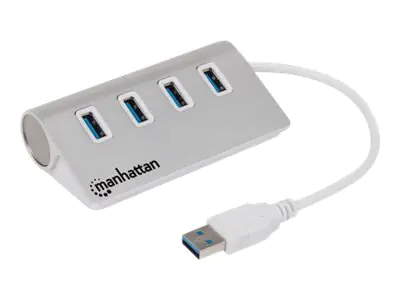 Manhattan USB-A 4-Port Hub, 4x USB-A Ports, 5 Gbps (USB 3.2 Gen1 aka USB 3.0), Bus Powered, Fast charging up to 0.9A, SuperSpeed USB, Aluminium Housing, Windows and Mac, Silver, Three Year Warranty, Blister - Hub - 4 x SuperSpeed USB 3.0 - Desktop