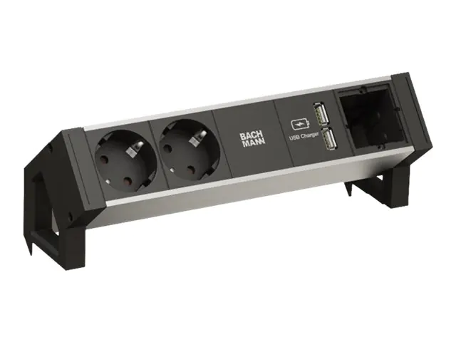 Bachmann DESK 2 ALU BLACK - Steckdosenleiste - Wechselstrom 250 V - Eingabe, Eingang GST18i3 - Ausgangsanschlüsse: 2 (2 x USB, 2 x CEE 7/3) - 20 cm - Grau, Schwarz, RAL 9005
