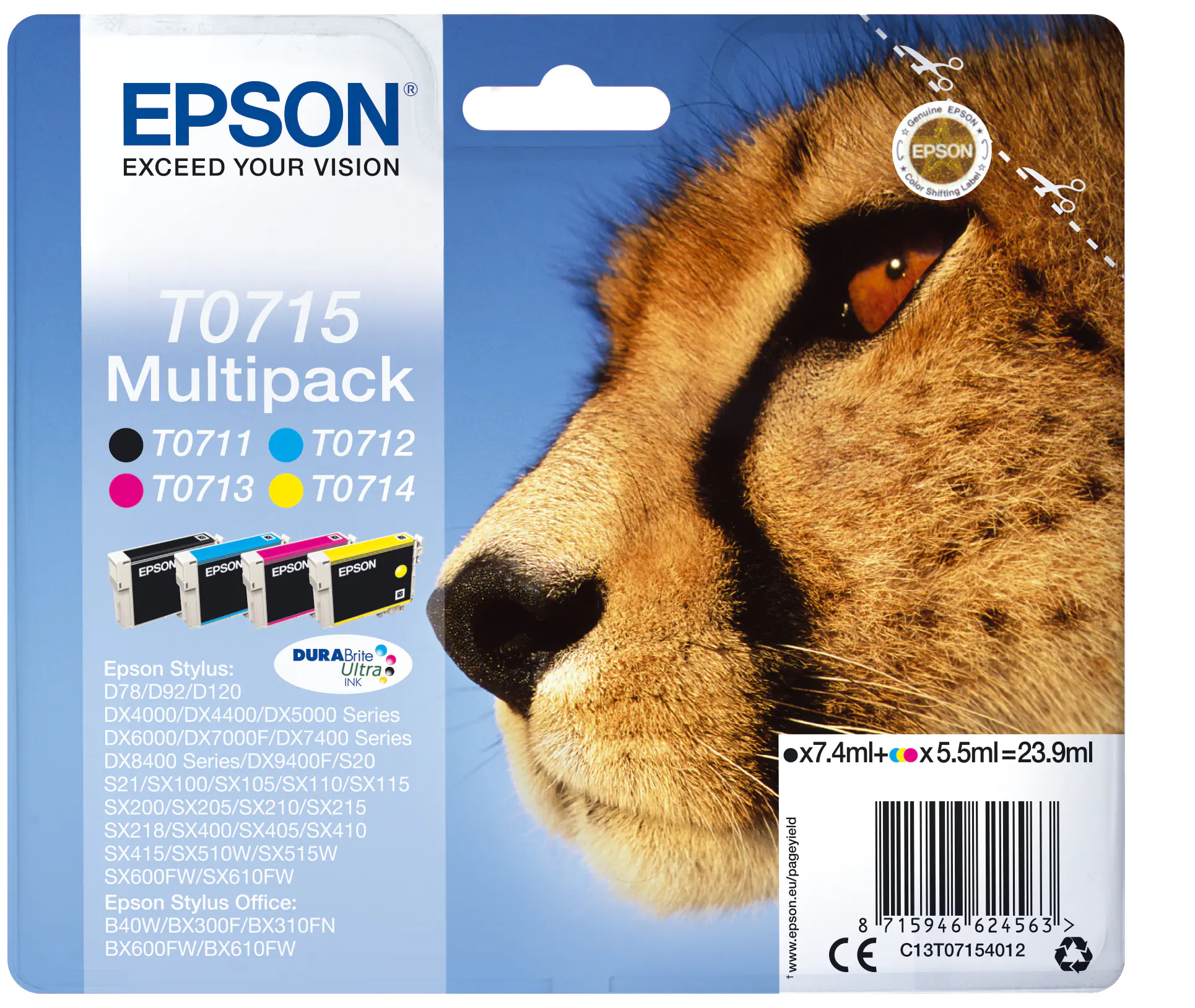 Epson T0715 Multipack - 4er-Pack - 23.9 ml - Schwarz, Gelb, Cyan, Magenta - Original - Tintenpatrone - für Stylus DX9400, SX115, SX210, SX215, SX218, SX415, SX515, SX610; Stylus Office BX310, BX610