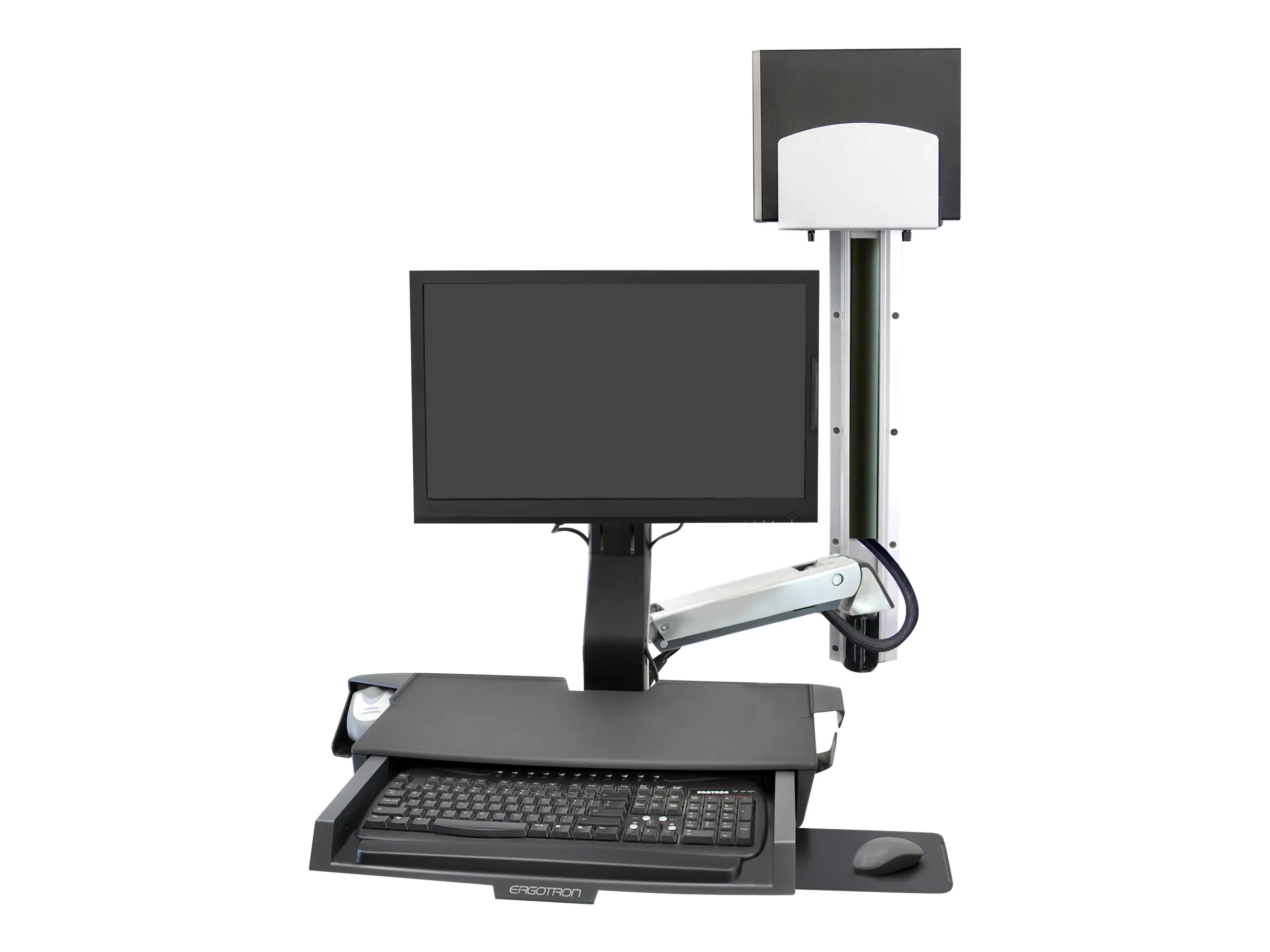 Ergotron Sit-Stand Combo Ablageflächen-System - Befestigungskit (CPU-Halter, 2 Schienenabdeckungen, 2 Kabelkanäle, Wandschienenhalterung, Maus-Shelf, Handgelenkkissen, VESA-Adapter, Tastatur-Tablett, einstellbarer Monitorarm, Wandschiene 34", Ablage für B