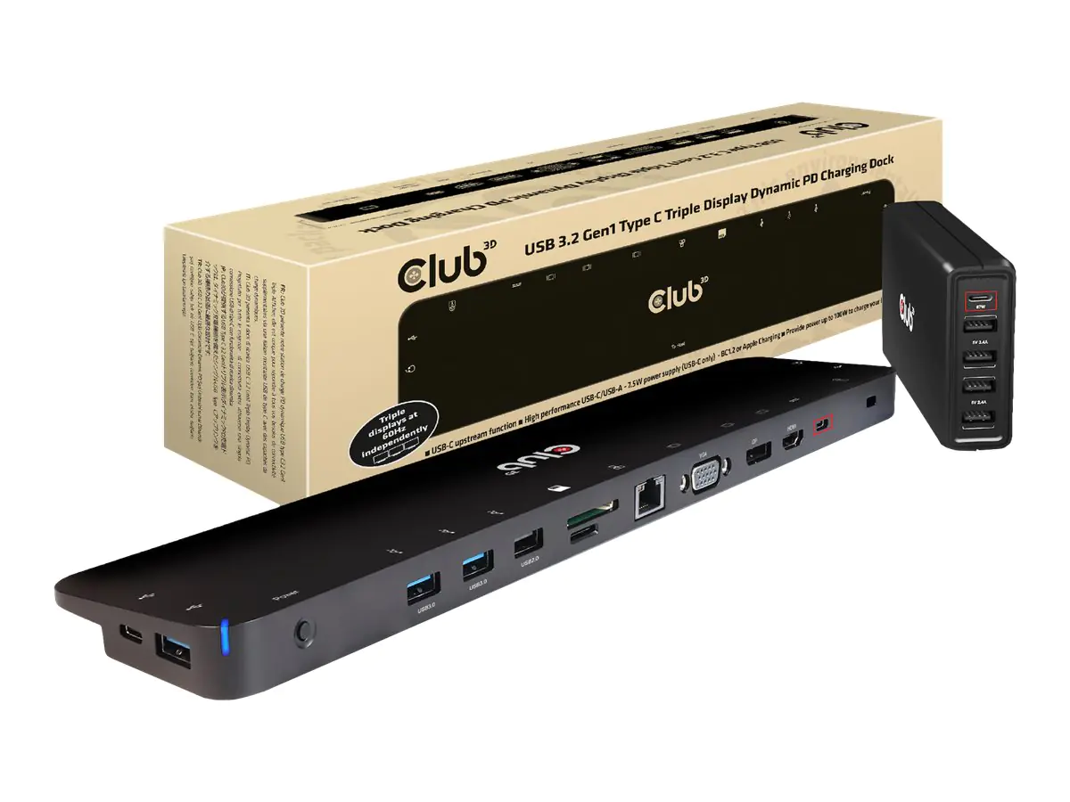Club 3D - Dockingstation - USB-C 3.2 Gen 1 - VGA, HDMI, DP - 1GbE - 100 Watt