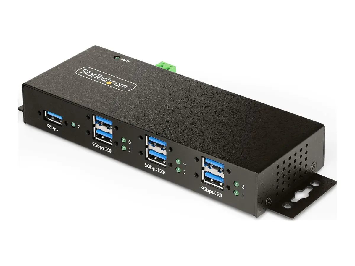 StarTech 7-Port Managed USB Hub with 7x USB-A, Heavy Duty with Metal Industrial Housing, ESD & Surge Protection, Wall/Desk/Din-Rail Mountable, USB 3.0/3.1/3.2 Gen 1 5Gbps - Hub - 6 x USB 3.2 Gen 2 + 1 x USB 3.2 Gen 1 - wandmontierbar, Desktop, an DIN-Schi