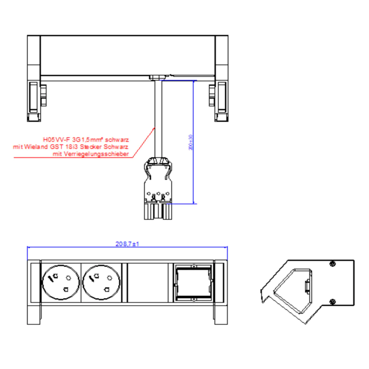 Bachmann DESK2 2xCEE7/3 1xCM 902.609Strom 0 2m GST18 RAL9005