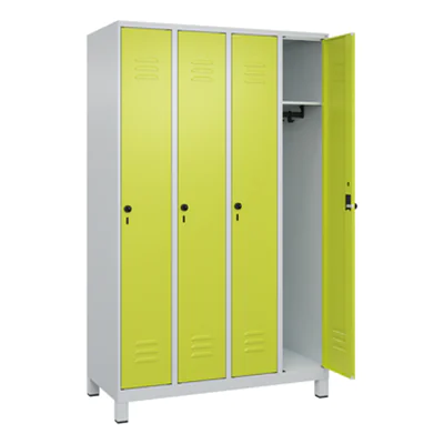 C+P Kleiderspind Classic PLUS 1.200 x 1.950 x 500 mm (B x H x T) 4 Abteile Stahl Farbe der Front: clowngrün Farbe des Korpus: lichtgrau