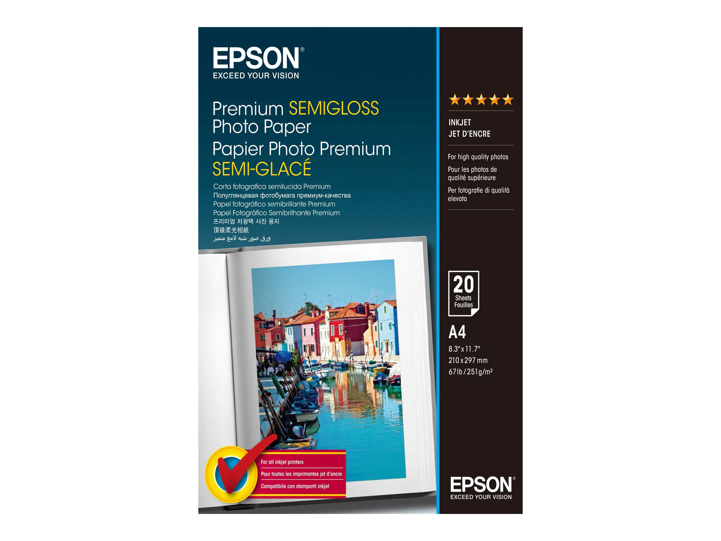 Epson Premium Semi-Gloss Photo Paper - A4 - 20 Blätter, Halb-Glanz, 251 g/m², Weiß, 20 Blätter, Expression Premium XP-900 Expression Premium XP-830 Expression Premium XP-820 Expression Premium..., 1 Stück(e) C13S041332