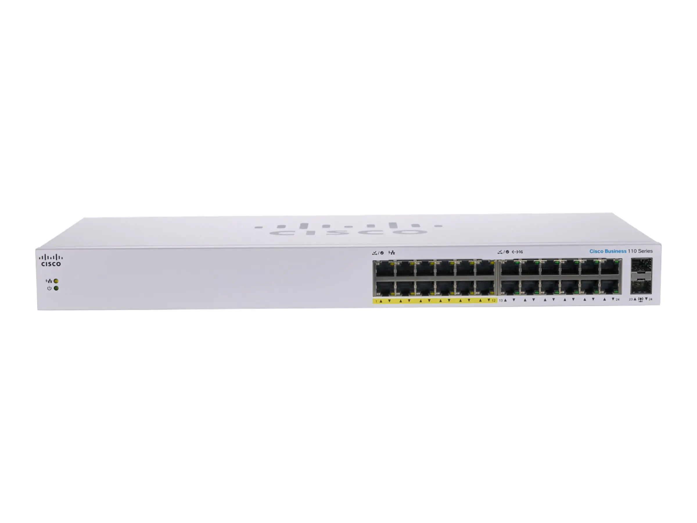 Cisco Business 110 Series 110-24PP - Switch - unmanaged - 12 x 10/100/1000 (PoE) + 12 x 10/100/1000 + 2 x Kombi-Gigabit-SFP - an Rack montierbar, Desktop, wandmontierbar - PoE (100 W)