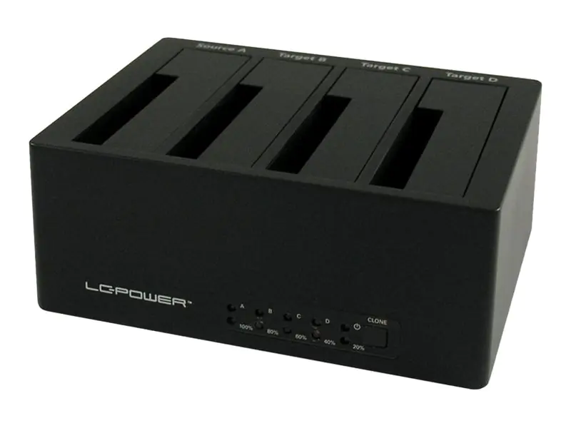 LC Power LC-DOCK-U3-4B - HDD-Dockingstation mit Netzanzeige, Ein/Aus-Schalter, Klon-Funktion Schächte: 4 - 2,5" / 3,5" gemeinsam genutzt (6,4 cm/8,9 cm gemeinsam genutzt) - SATA - eSATA, USB 3.0 - Schwarz