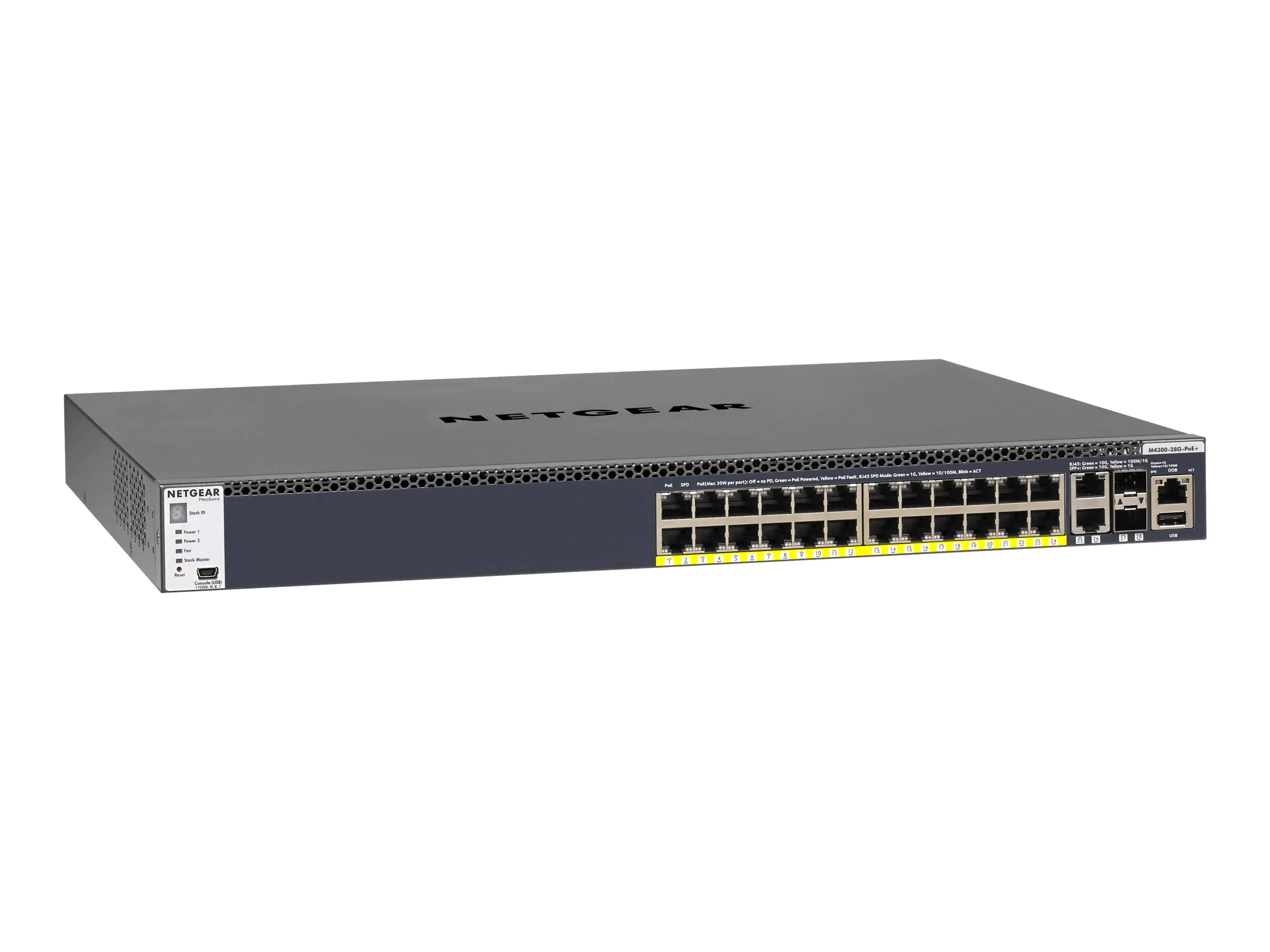 NETGEAR M4300-28G-PoE+ - Switch - L3 - managed - 2 x 10/100/1000/10000 + 2 x 10 Gigabit SFP+ + 24 x 10/100/1000 (PoE+) - Luftstrom von vorne nach hinten - an Rack montierbar - PoE+ (480 W)