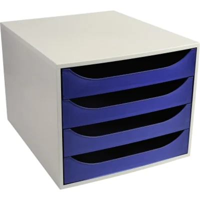 Exacompta Schubladenbox ECOBOX 4 Schubladen DIN A4, Überbreite Polystyrol Gehäusefarbe: grau Farbe der Schublade: nachtblau