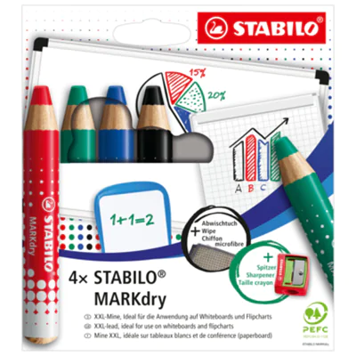 STABILO® Whiteboard-/Flipchartmarker MARKdry rot, blau, grün, schwarz Rundspitze 4 St./Pack.