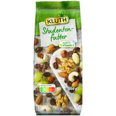 KLUTH Studentenfutter Weinbeeren, leckeren Walnusskernen, knackigen Haselnusskernen, braunen Mandelkernen, milden Cashewkernen, blanchierten Mandelkernen 400 g/Pack.