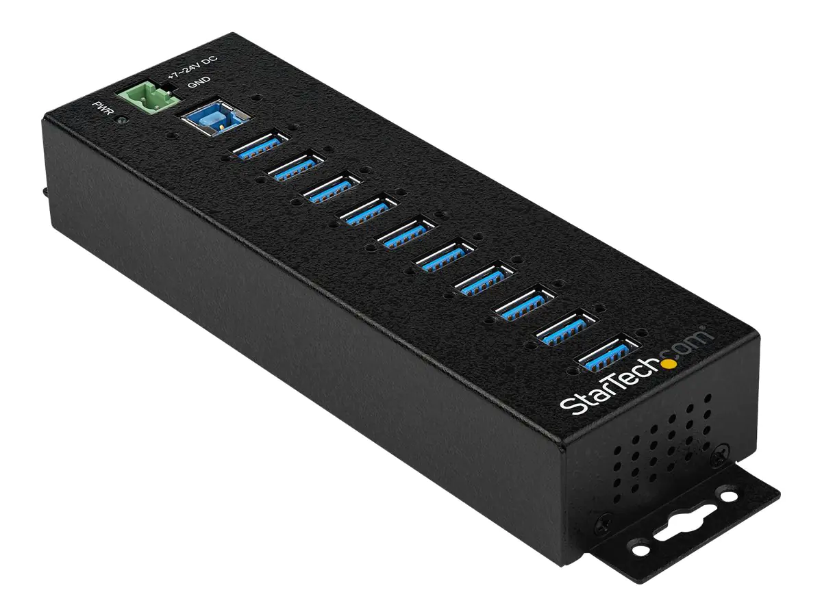 StarTech HB30A10AME USB 3.0 Hub (10-Port, Din-Rail, Industrielle Anwendung, externes Netzteil, Uberspannungsschutz, ESD, 350 W, 15 kV) - Hub - 10 x USB 3.2 Gen 1 - an DIN-Schiene montierbar, wandmontierbar - TAA-konform - für P/N: ITB20D3250